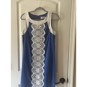 Eliza J Women’s Size 6 Blue Sleeveless Shift Dress Crochet Trim